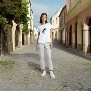 Women's Jeans Hilary Radley White Tan Stripes Pants Slim Leg Cropped Pants